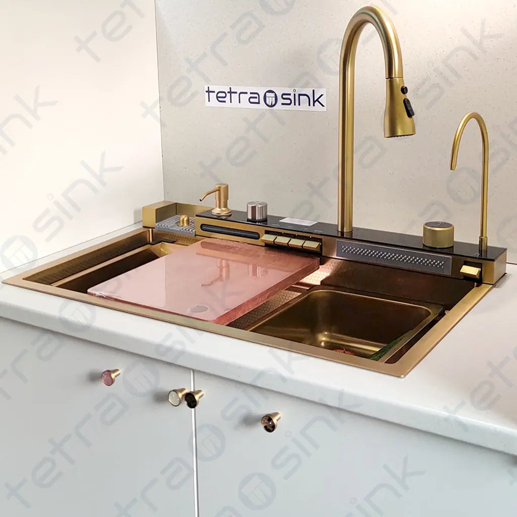 Multifunctional gold kitchen sink | Tetra Sink | 6NGS30475TS | Smart Kitchen Sink with Nano Platinum Coating and 10 in 1 Function | Multifunctional kitchen sink with a deep trough and a high-quality waterfall mixing system - Tetrasink