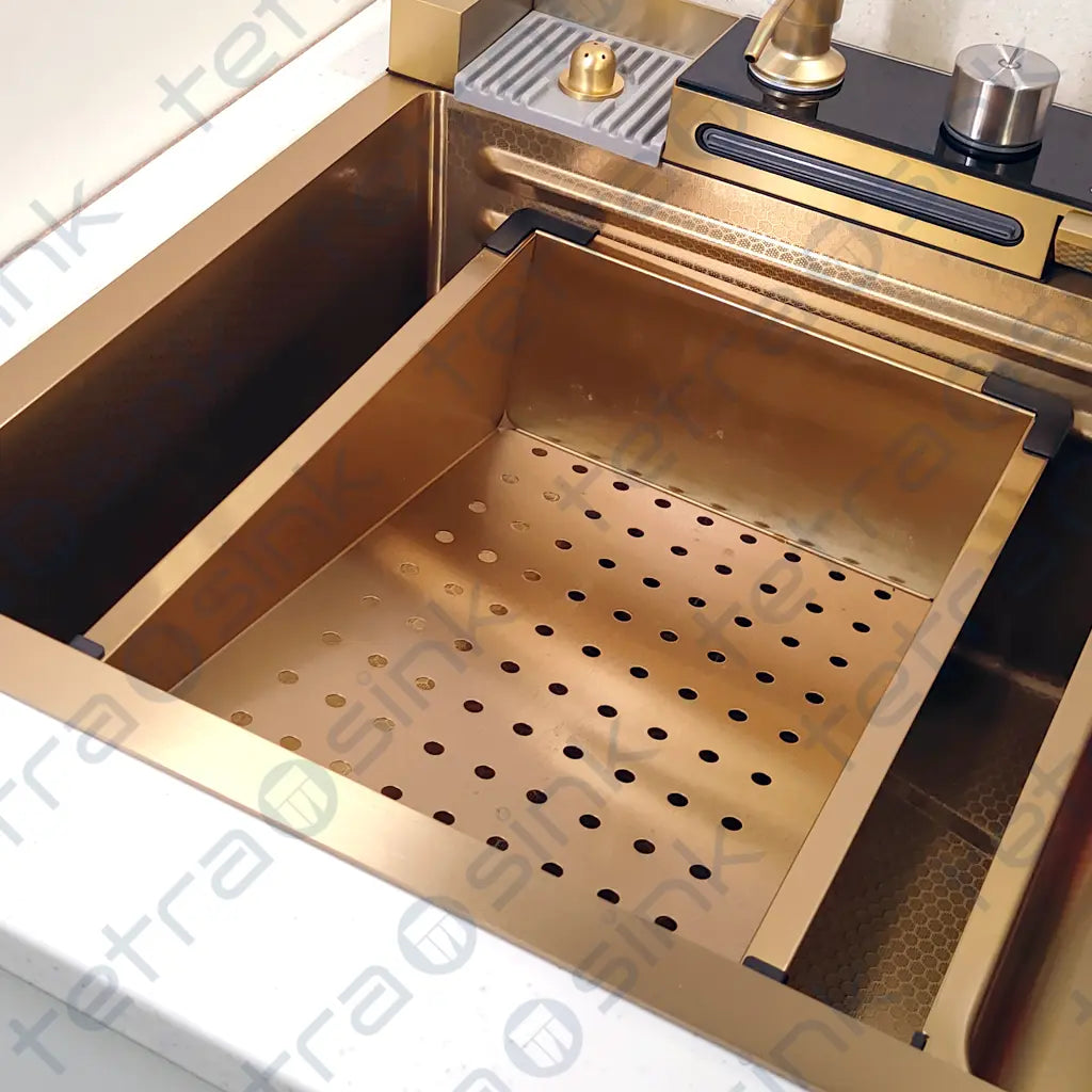 Multifunctional gold kitchen sink | Tetra Sink | 6NGS30475TS | Smart Kitchen Sink with Nano Platinum Coating and 10 in 1 Function | Multifunctional kitchen sink with a deep trough and a high-quality waterfall mixing system - Tetrasink