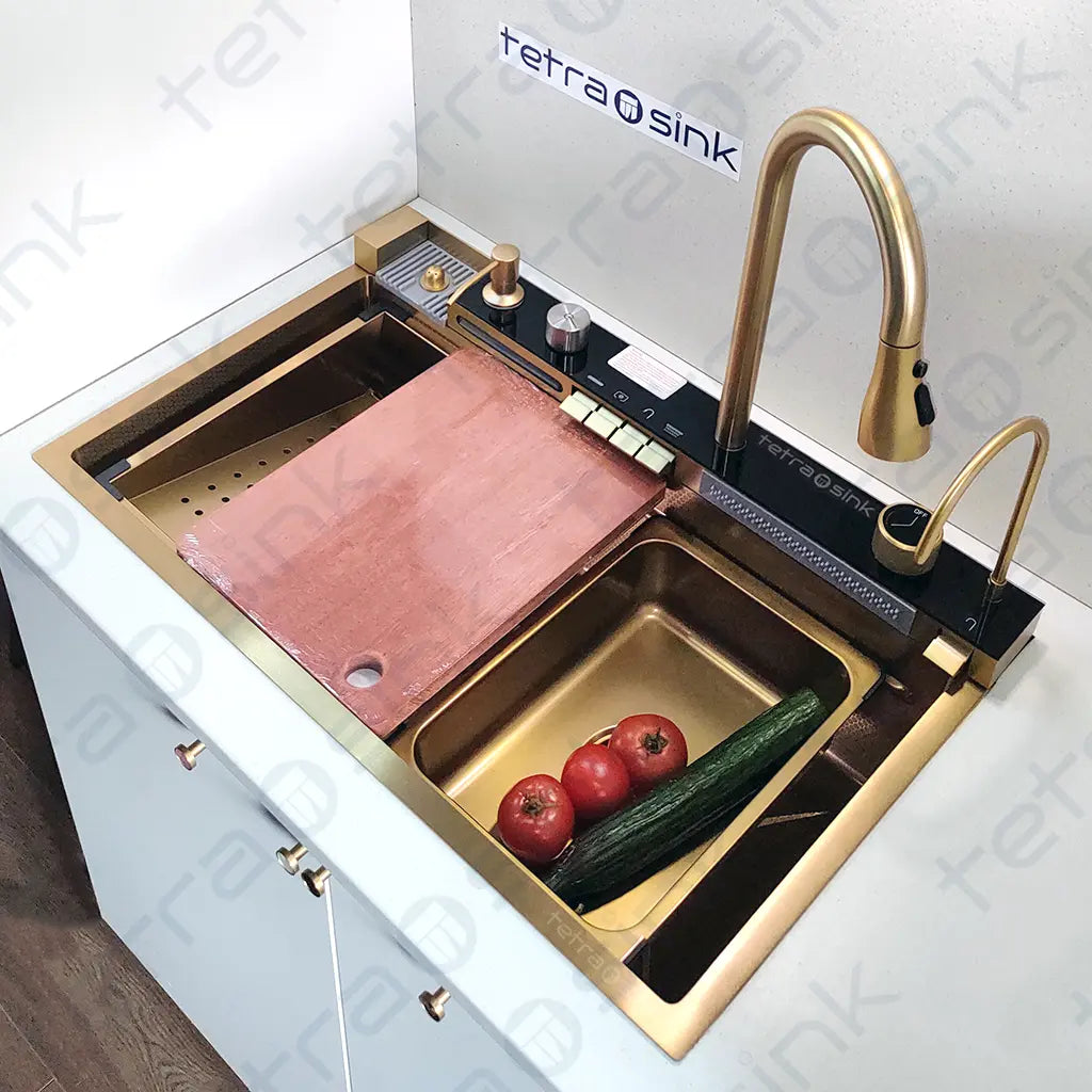 Multifunctional gold kitchen sink | Tetra Sink | 6NGS30475TS | Smart Kitchen Sink with Nano Platinum Coating and 10 in 1 Function | Multifunctional kitchen sink with a deep trough and a high-quality waterfall mixing system - Tetrasink