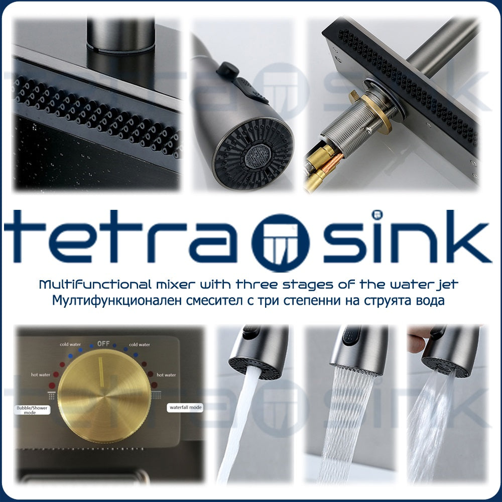 Multifunctional kitchen sink | Tetra Sink | 1NS30468TS | Multifunctional sink for kitchen with deep trough and high-quality waterfall mixer - Tetrasink