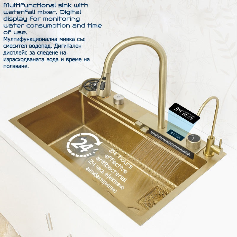 Multifunctional gold kitchen sink with waterfall mixer faucet tap | Tetra Sink | 2GNS30475TSK - Tetrasink