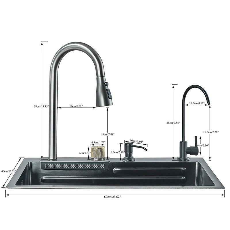 Multifunctional kitchen sink | Tetra Sink | 2NS30460TSKL | Multifunctional sink for kitchen with deep trough and high-quality waterfall mixer - Tetrasink