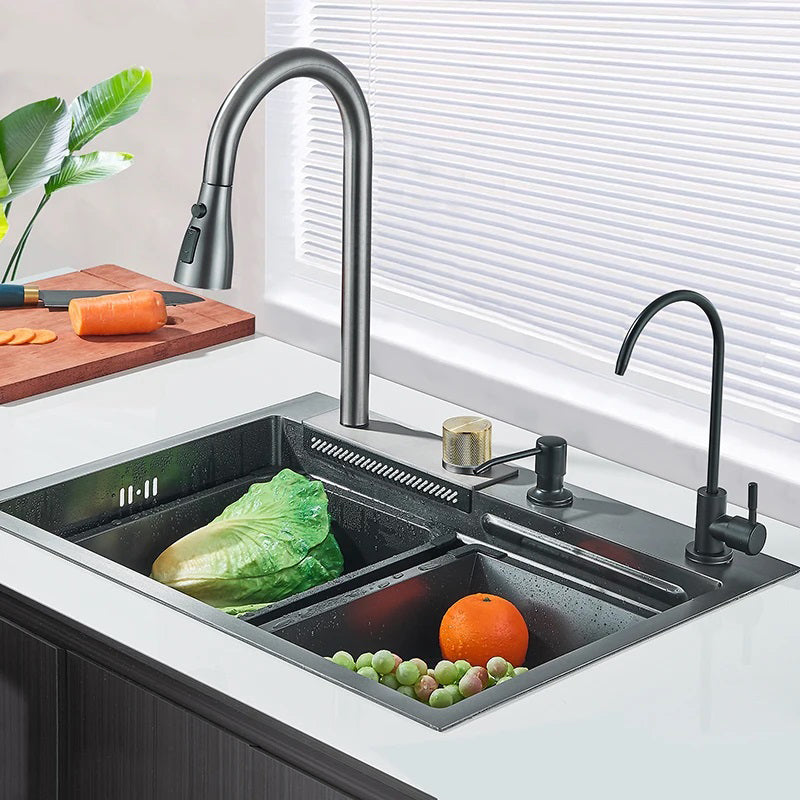 Multifunctional kitchen sink | Tetra Sink | 2NS30460TSKL | Multifunctional sink for kitchen with deep trough and high-quality waterfall mixer - Tetrasink