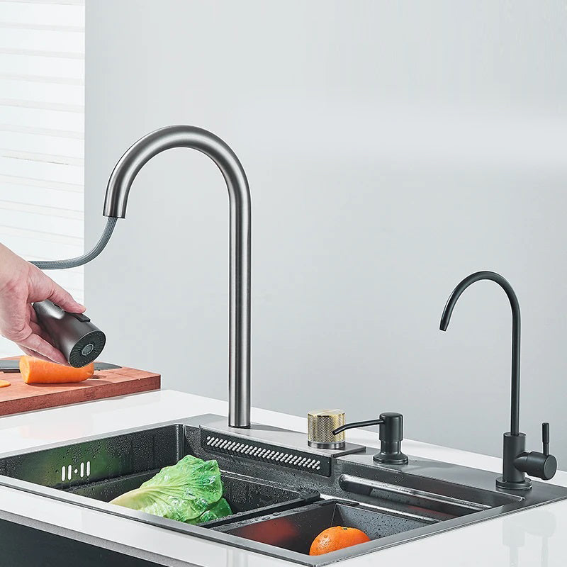Multifunctional kitchen sink | Tetra Sink | 2NS30460TSKL | Multifunctional sink for kitchen with deep trough and high-quality waterfall mixer - Tetrasink