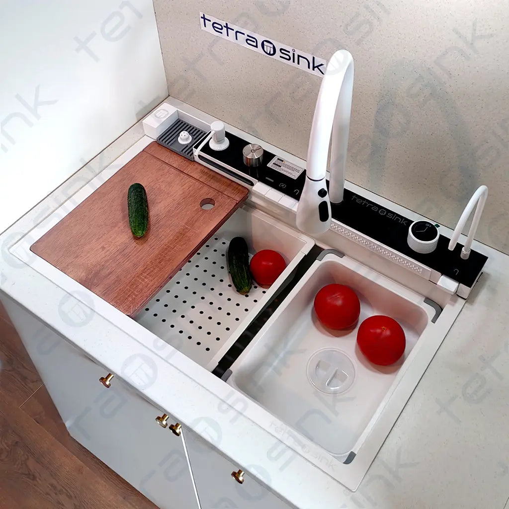 Multifunctional kitchen sink | Tetra Sink | 6NWS30475TS | Multifunctional sink for kitchen with a deep trough and a high-quality waterfall mixing system - Tetrasink
