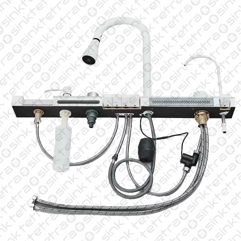 Tetrasink multifunctional faucet assembly with various components on a white background