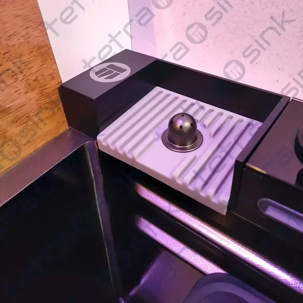 Corner Multifunctional sink tetrasink waterfall kitchen sink best modern kitchen sink with a cup washer metallic faucet and visible brand logo of tetrasink.