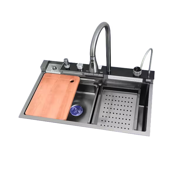 multifunctional sink tetrasink waterfall Stainless steel kitchen sink with faucet, cutting board, and dish on a white background