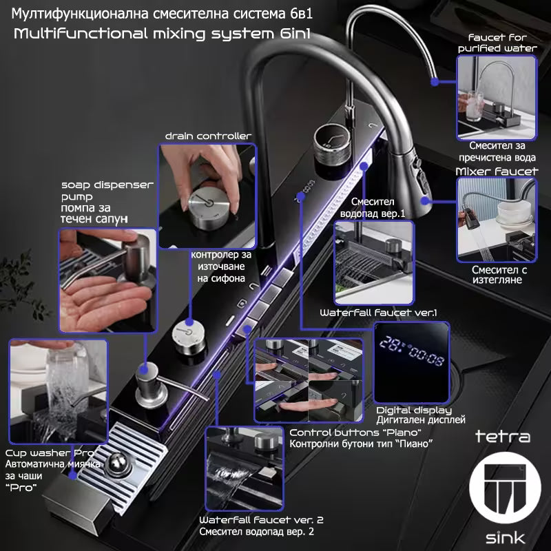 Multifunctional waterfall faucet mixing system with various features and controls on a black background