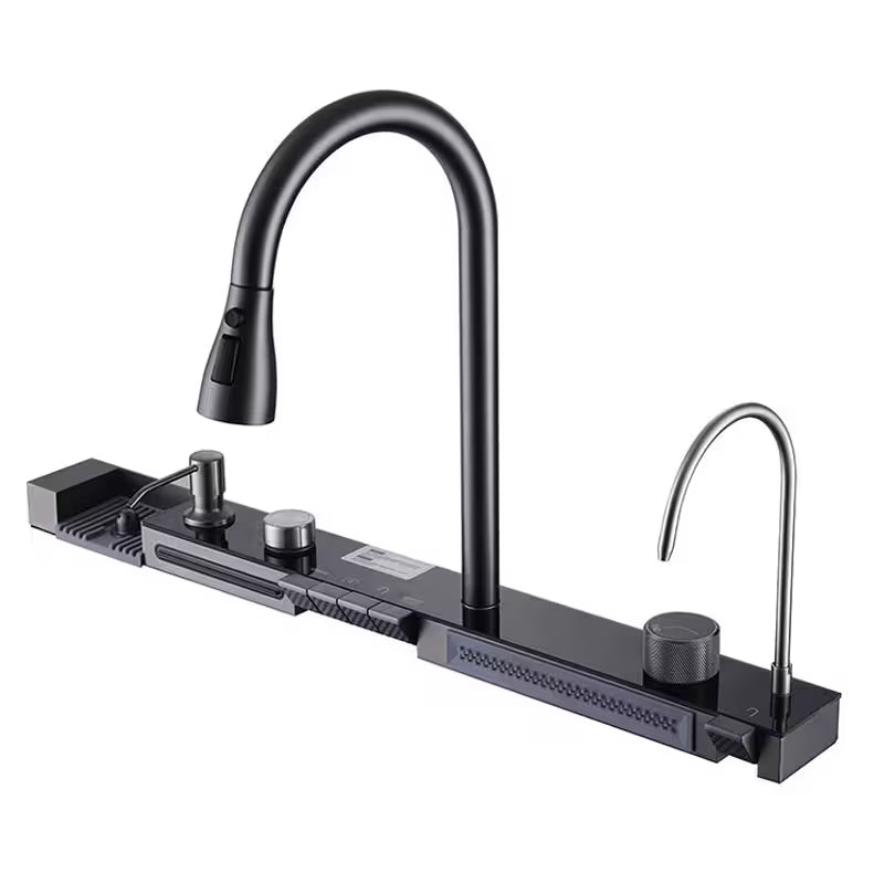Multifunctional Black kitchen faucet with additional components on a white background