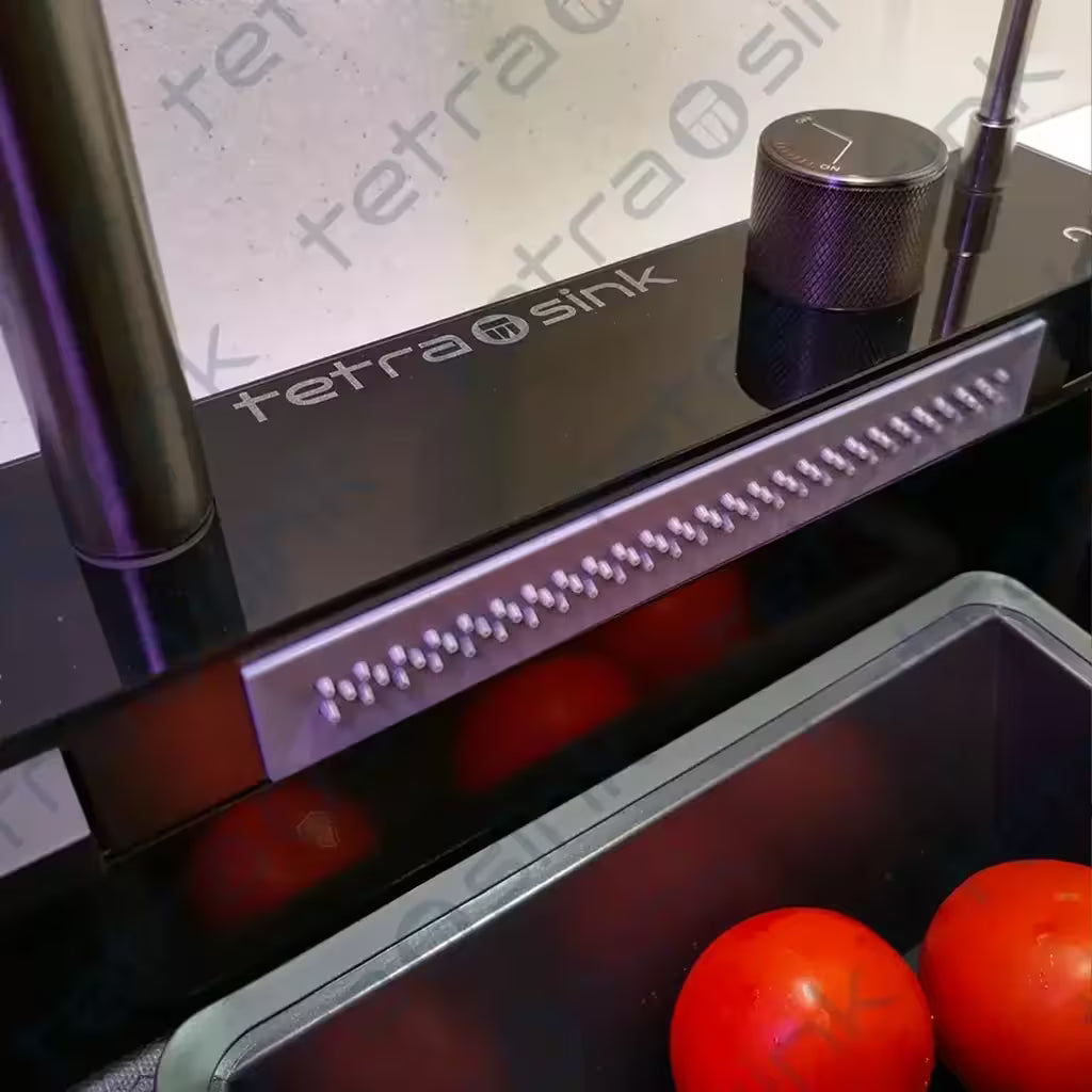 Close-up of a TetraSink Multifunctional sink best Modern kitchen sink product with tomatoes in the foreground