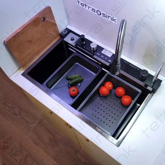 Multifunctional sink tetrasink waterfall kitchen sink best modern kitchen sink  with built-in cutting board and vegetable compartments, featuring the brand 'tetrasink'.