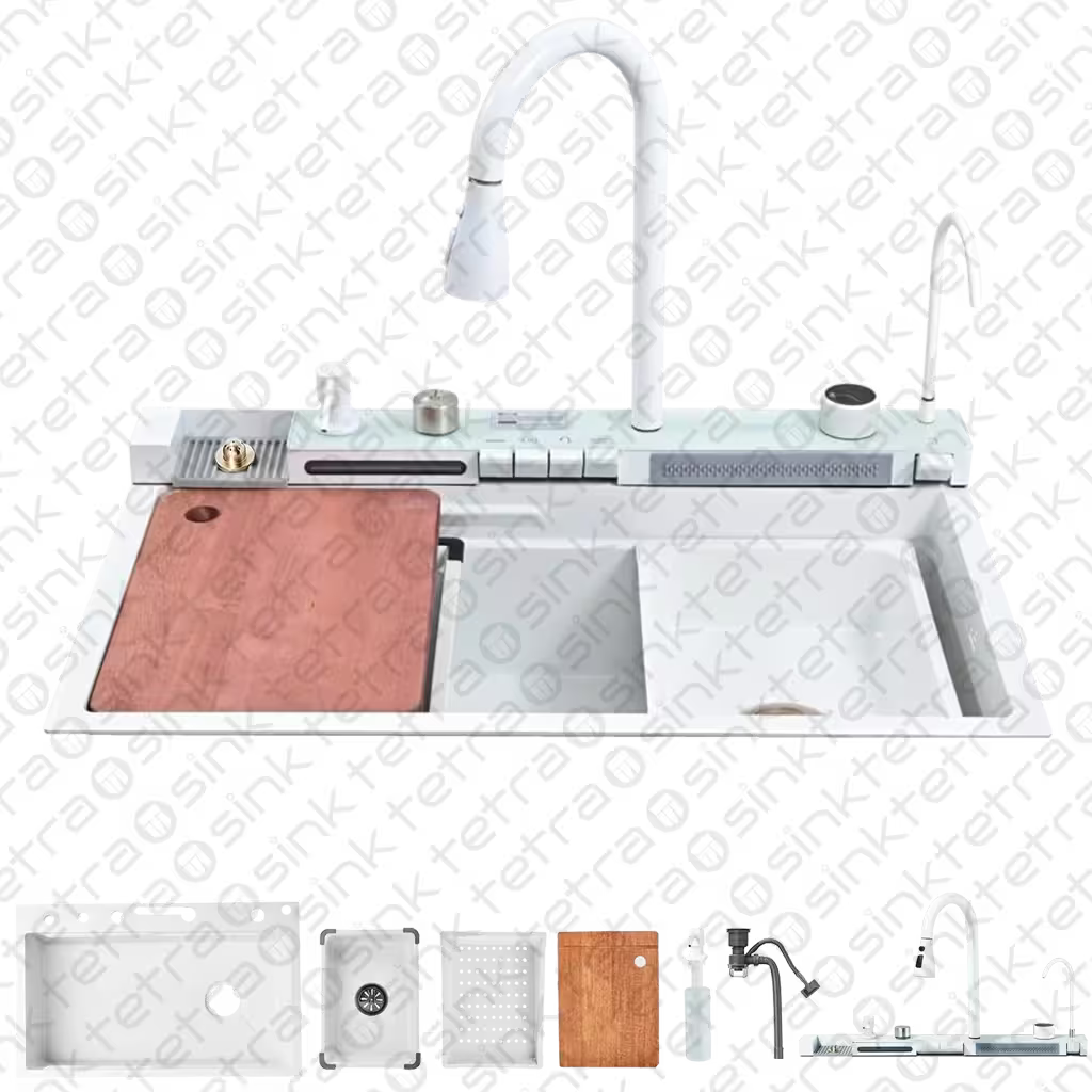 Tetrasink multifunctional sink white kitchen sink with faucet and cutting board on a transparent background