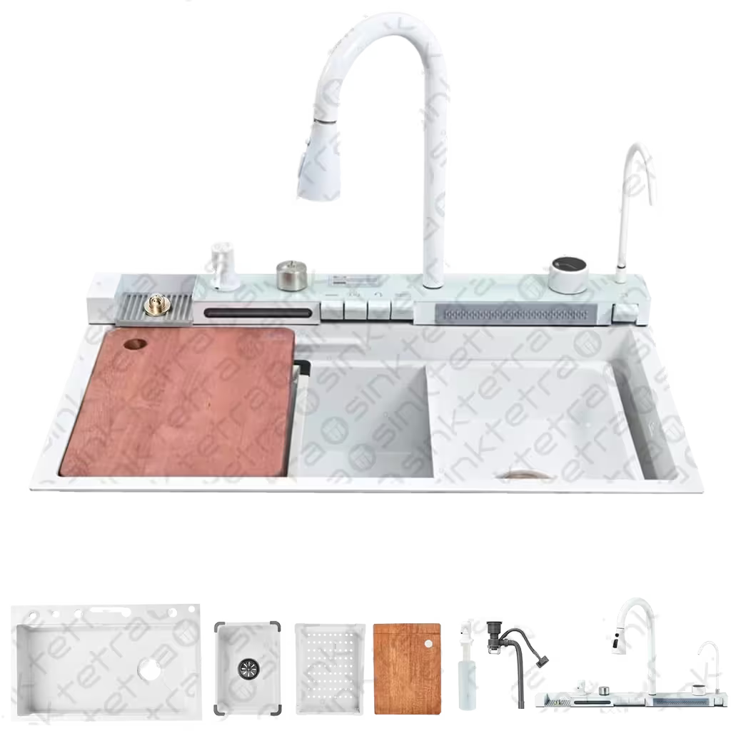 Tetrasink multifunctional sink white kitchen sink with faucet, cutting board , movable basin and movable drain basket on a transparent background
