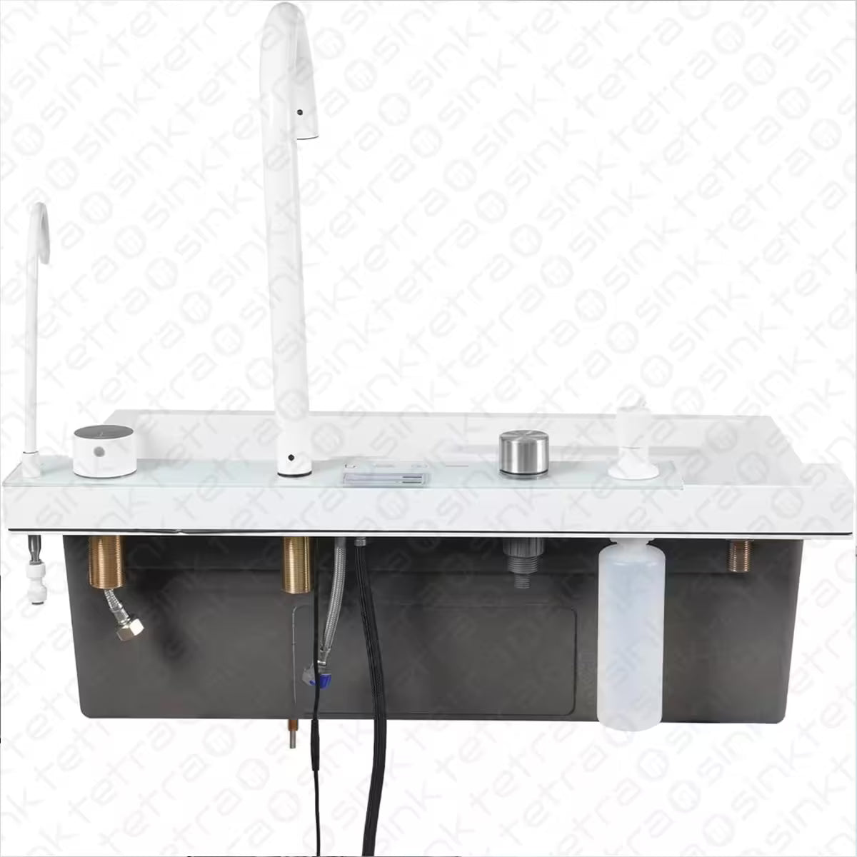 Tetrasink multifunctional sink white kitchen sink with plumbing and fixtures on a white background