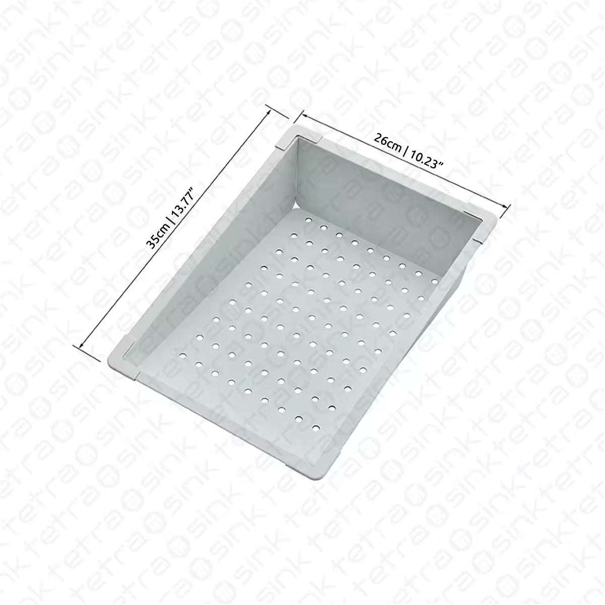 Tetrasink multifunctional sink white kitchen sink movable drain basket with dimensions on a white background