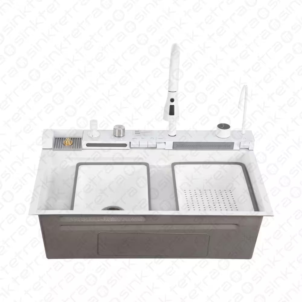 Tetrasink multifunctional sink white kitchen sink with faucet on a white background