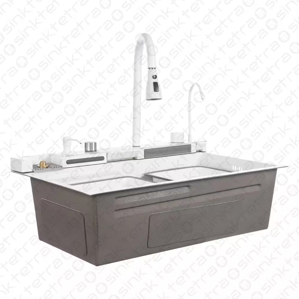 Tetrasink multifunctional sink white kitchen sink with faucet on a white background