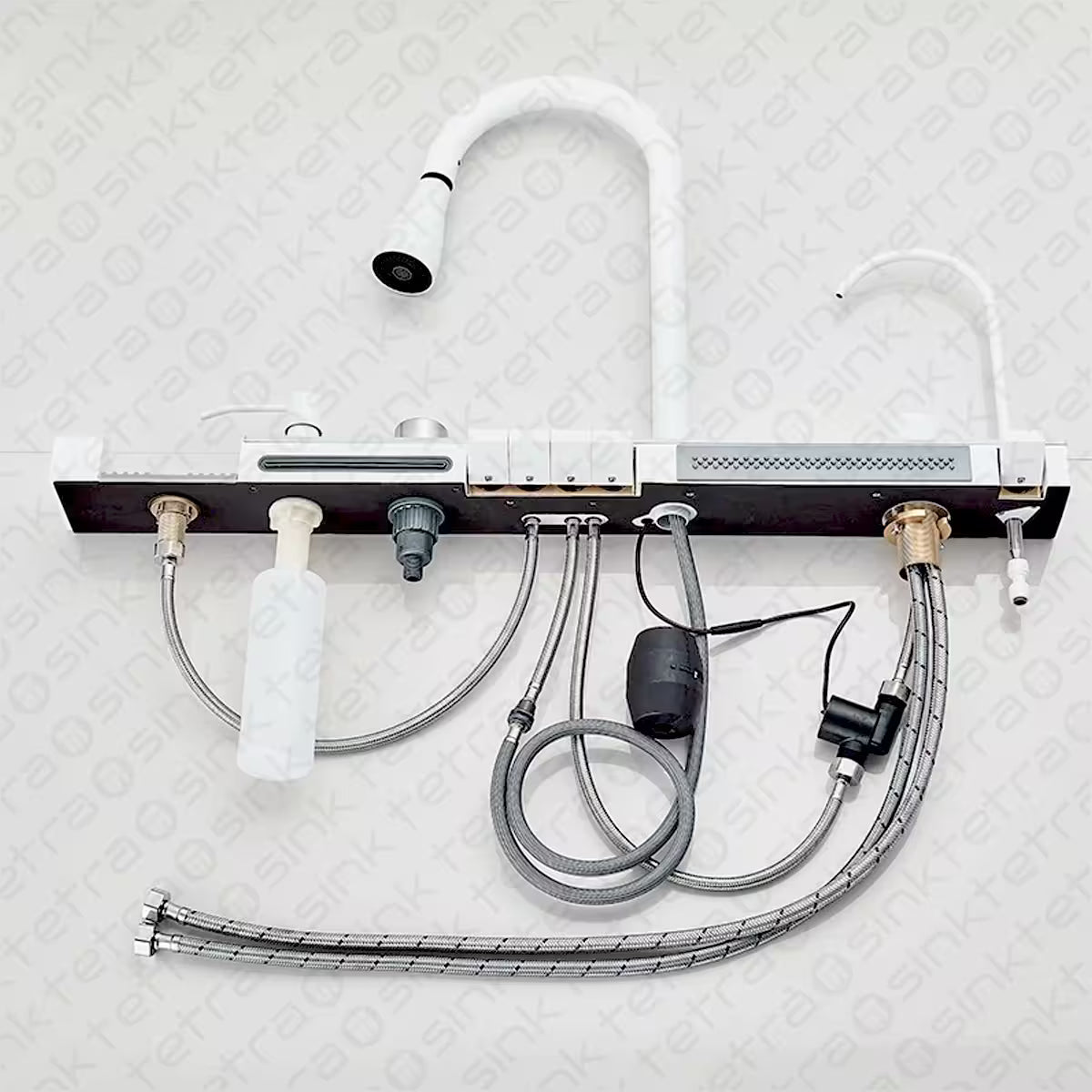 Tetrasink multifunctional faucet with multiple hoses and nozzles on a textured white background