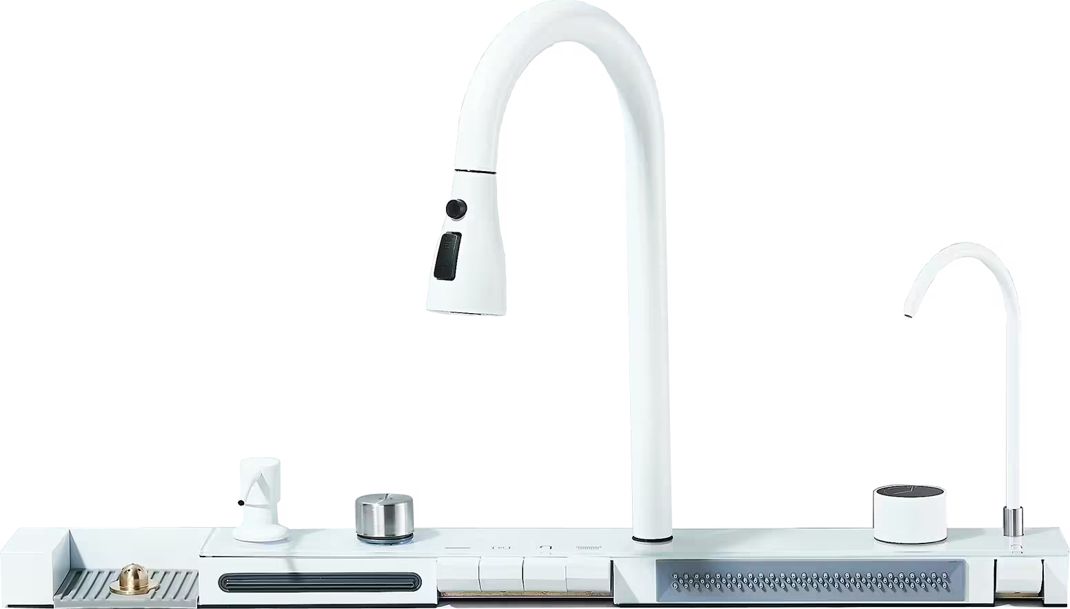 White multifunctional faucet tetrasink with pull-down sprayer on a clear background