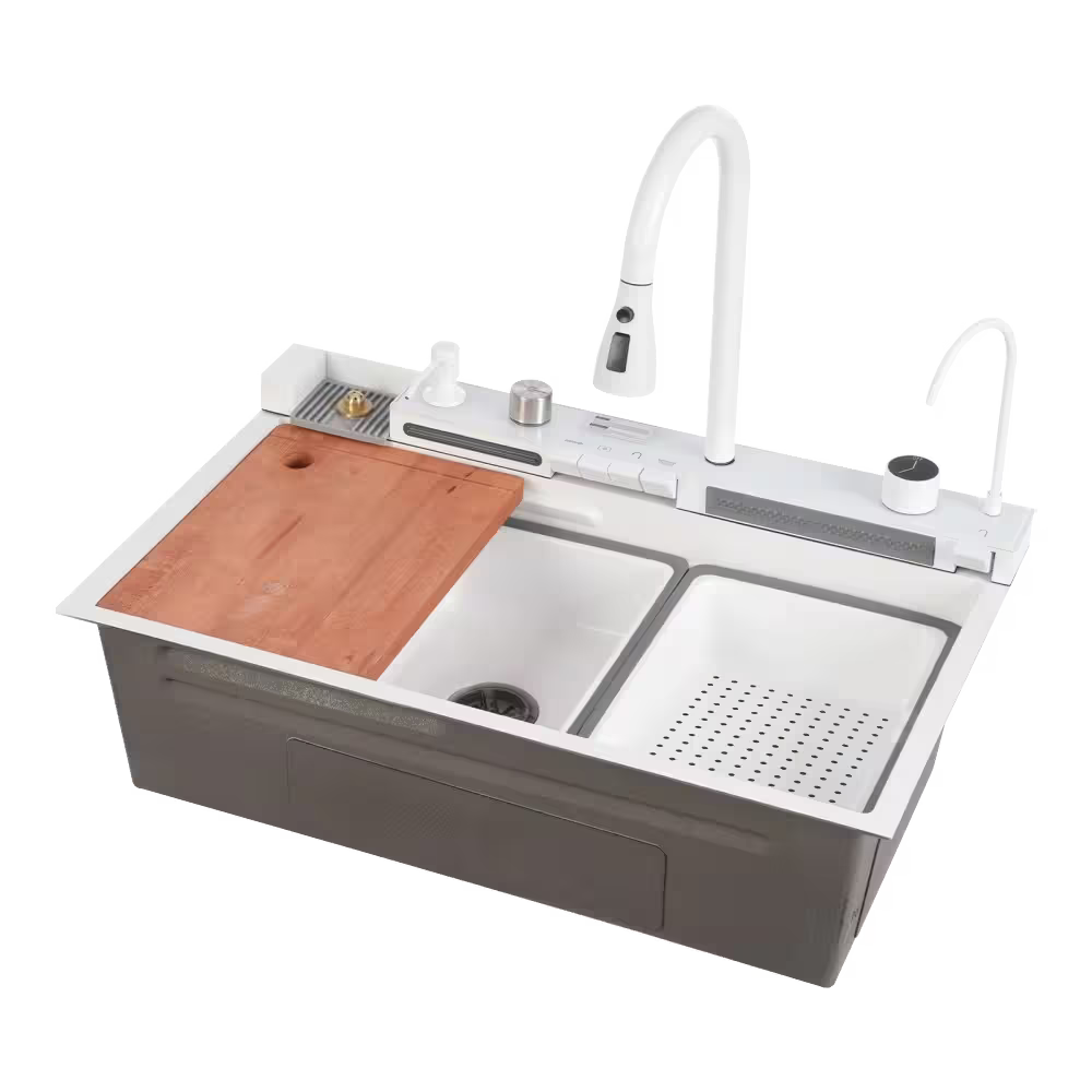 Tetrasink multifunctional sink white kitchen sink with wooden cutting board and faucet on a white background