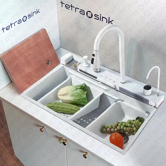 Tetrasink multifunctional sink white kitchen sink with running water, vegetables, and tetrasink branding.