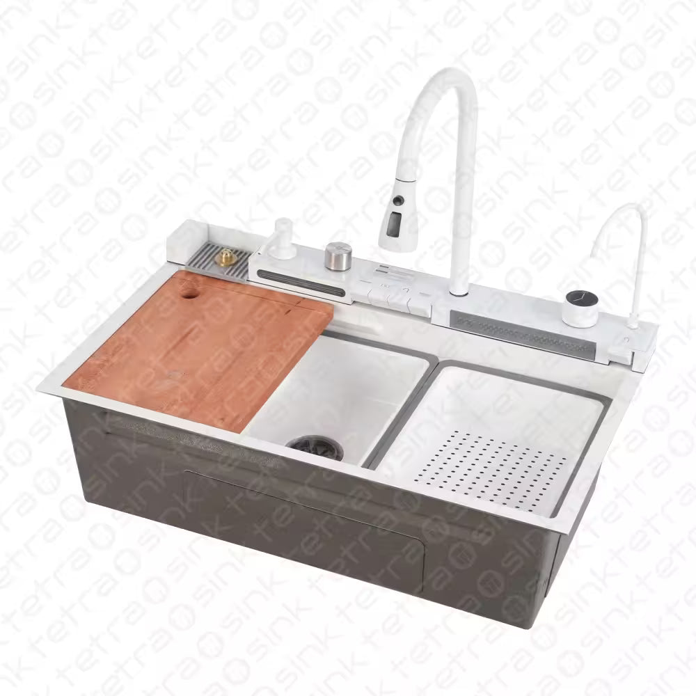 Tetrasink multifunctional sink white kitchen sink with a cutting board and faucet on a white background