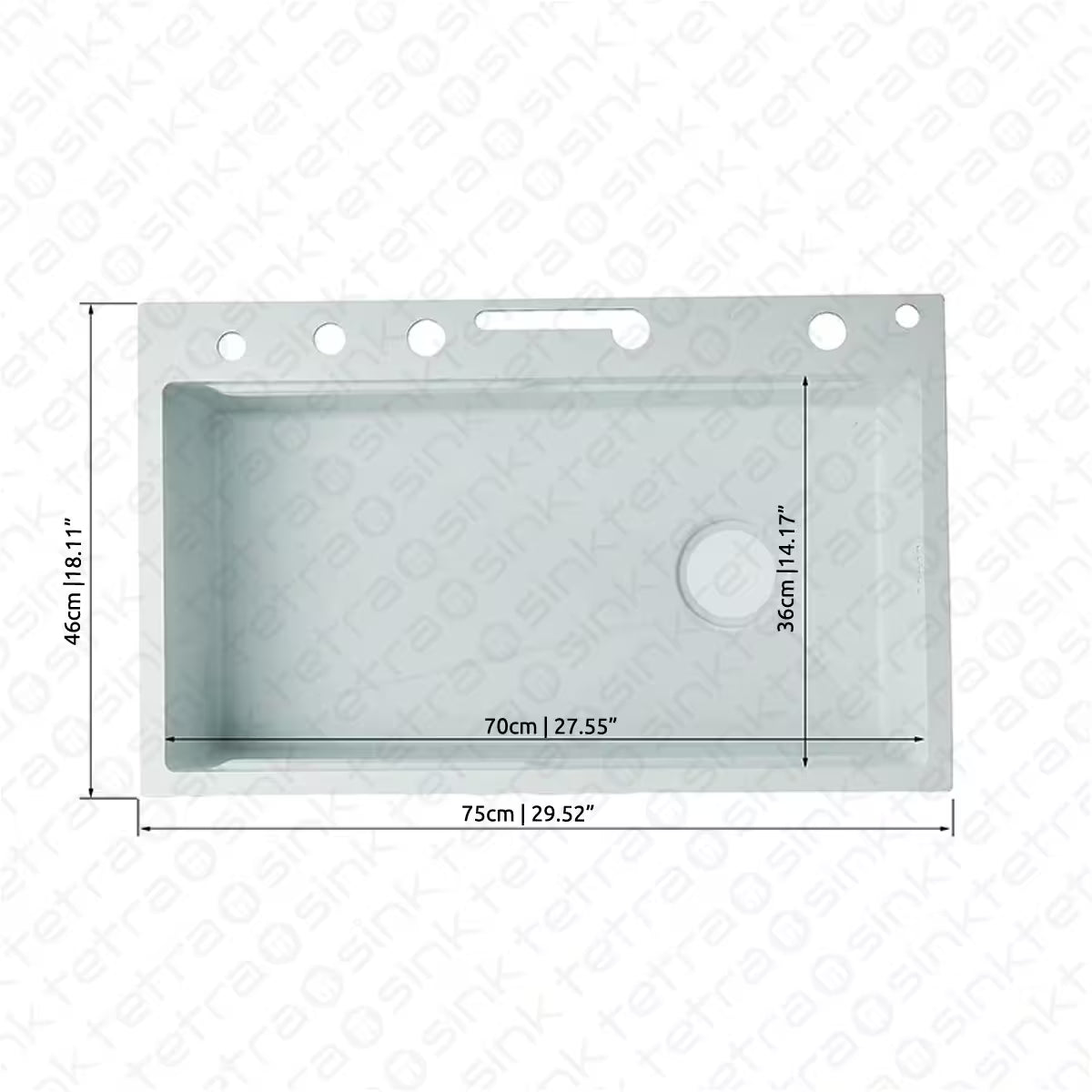 Tetrasink multifunctional sink white kitchen sink with dimensions on a white background