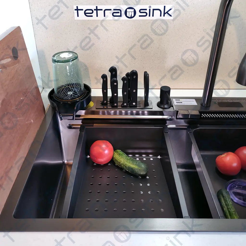 Chiuveta multifunctionala de bucatarie | Tetra Sink | 4KNS30475TS | set А | Chiuvetă multifuncțională pentru bucătărie cu jgheab adânc și baterie cascadă de înaltă calitate