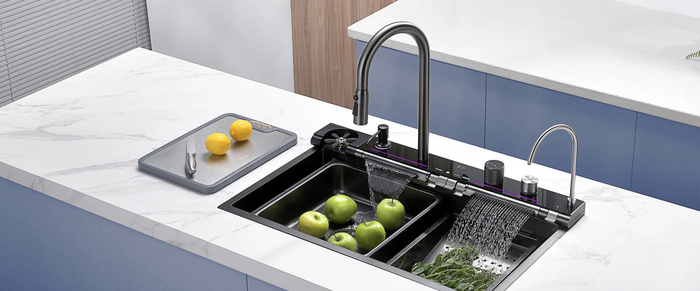 Multifunctional kitchen sink | Tetra Sink | 24NBS304R75 | Multifunctional sink for kitchen with deep trough and high-quality waterfall mixer