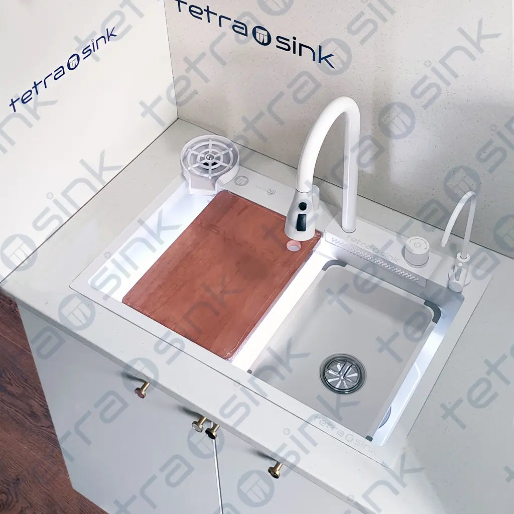 Multifunctional kitchen sink | Tetra Sink | 5BCGNS30468TS | Multifunctional sink for kitchen with deep trough and high-quality waterfall mixer - Tetrasink